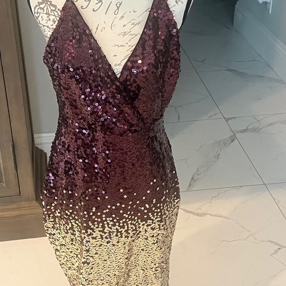 VENUS Burgundy and Gold Backless Sequin Dress